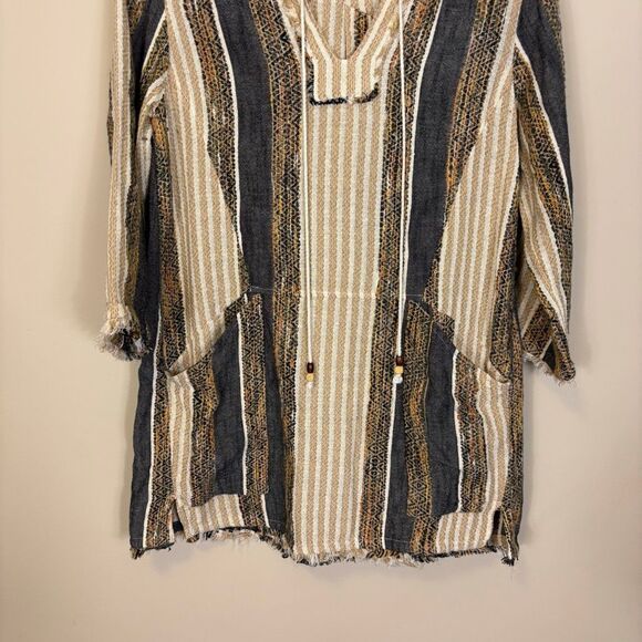 Soft Surrondings Brown & White Striped Hooded 3/4 Length Sleeve Pullover Top Sma - Picture 4 of 8